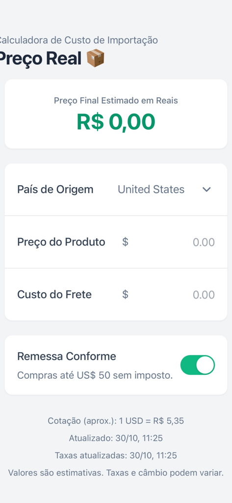 Import Calculator - Interface do aplicativo Calculadora de Importação exibindo campos para preço do produto e frete com preço final estimado em Reais brasileiros
