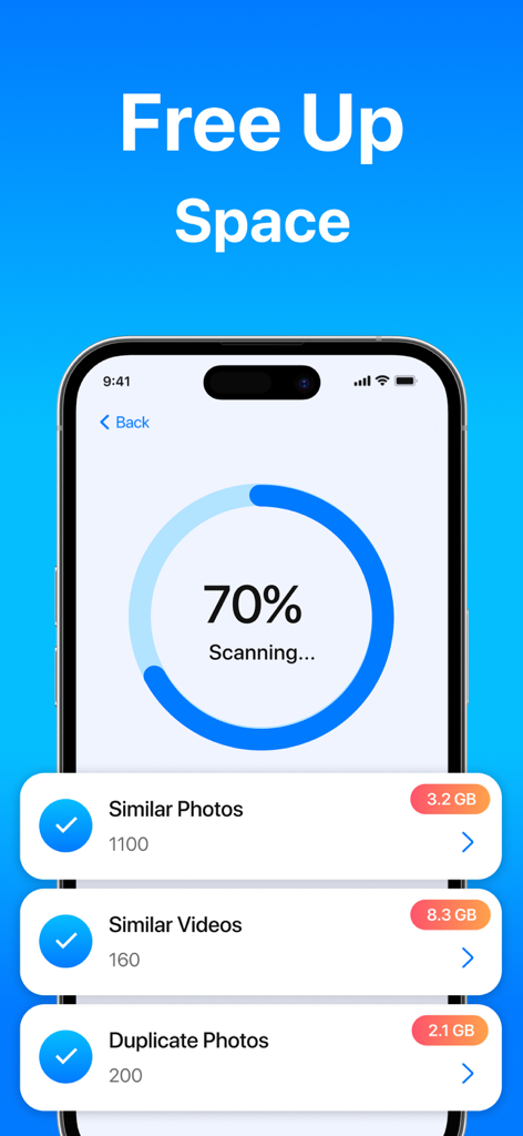 Safe Cleaner: Clean My Phone - Interface of Safe Cleaner app scanning for duplicate photos and similar videos to free up storage space