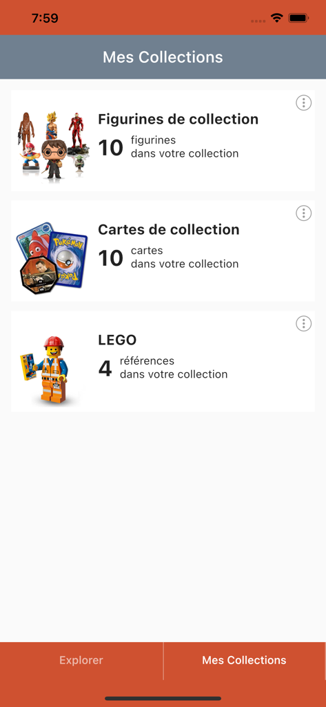 COLEKA - Interface do aplicativo COLEKA mostrando as categorias de coleção de um usuário para action figures, cartas colecionáveis e conjuntos LEGO.