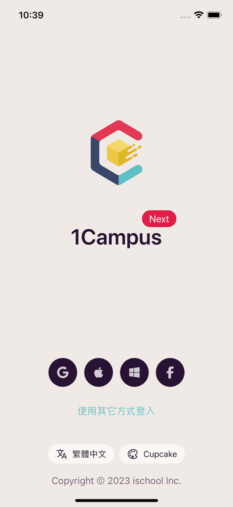 1Campus Next - The login screen of the 1Campus Next school management app showing various social media login options