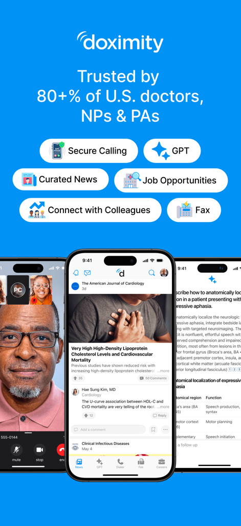 Interface de l'application Doximity présentant les appels sécurisés, les outils cliniques d'IA, les actualités médicales et les fonctionnalités de réseautage professionnel