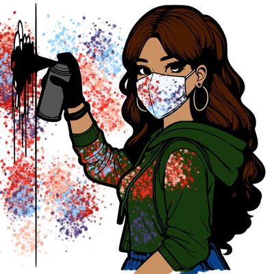 realistic girl with mask spray painting a wall