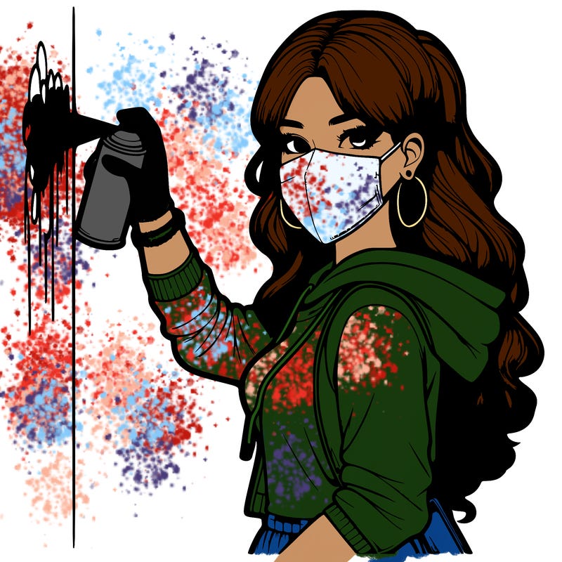 realistic girl with mask spray painting a wall