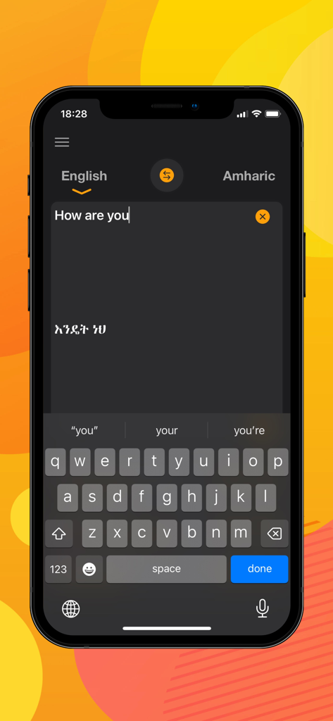 Interfaccia dell'app Il miglior traduttore amarico che mostra una traduzione dall'inglese all'amarico della frase Come stai