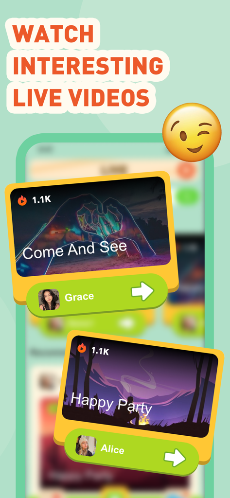 Pigo: Live Video Chat,Fun Game - Interface of Pigo app showing interesting live video stream previews from users Grace and Alice