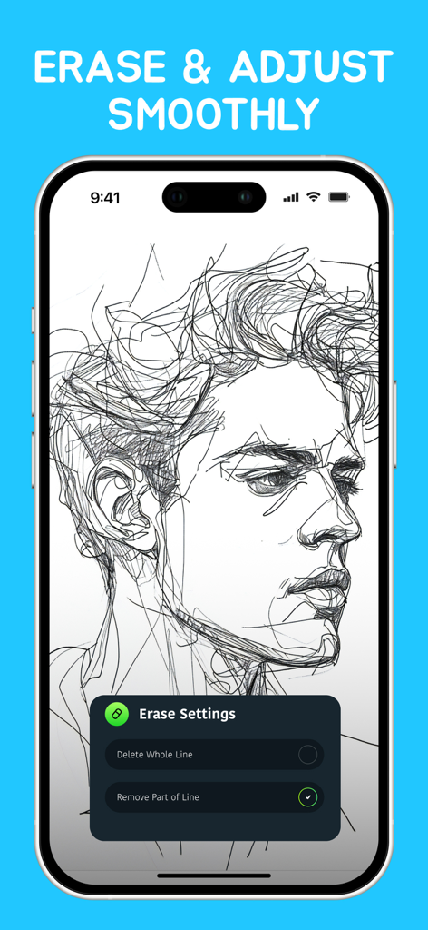 AmberPaint - Motion Brush - Digital portrait sketch on AmberPaint app showing the erase and adjust settings menu