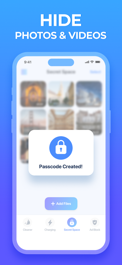 iPhone screen showing iKit Cleaner app Secret Space feature with a passcode created notification to hide photos and videos