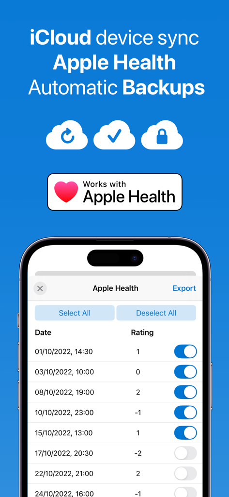 Feeltracker app interface displaying Apple Health integration and iCloud backup synchronization options