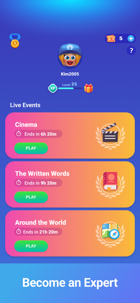 QuizDuel! Trivia & Quiz game - Menu de eventos de trivia ao vivo no QuizDuel mostrando categorias de quizzes de cinema e literatura.