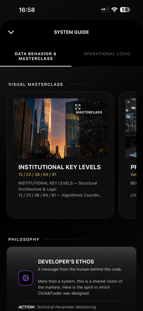 Click&Trader - Pantalla de la guía del sistema de la aplicación Click and Trader que muestra una masterclass visual para niveles clave institucionales y el ethos del desarrollador