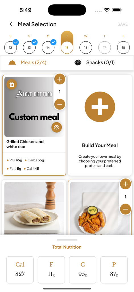 Pantalla de selección de comidas de la app Love Diet Food mostrando información nutricional y rastreo de macros