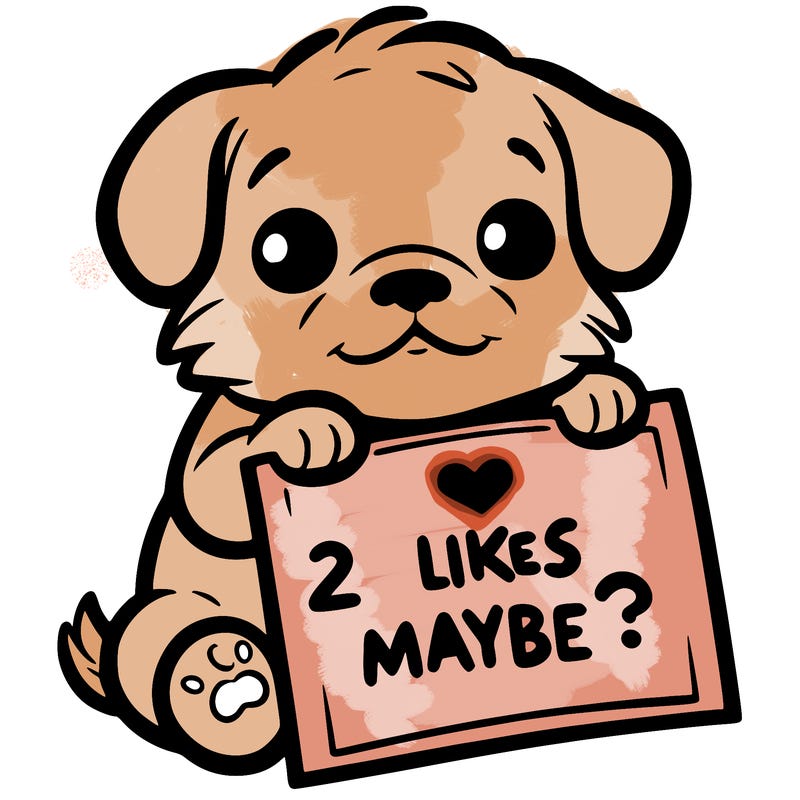 a puppy holding a sign that says 2 likes maybe?