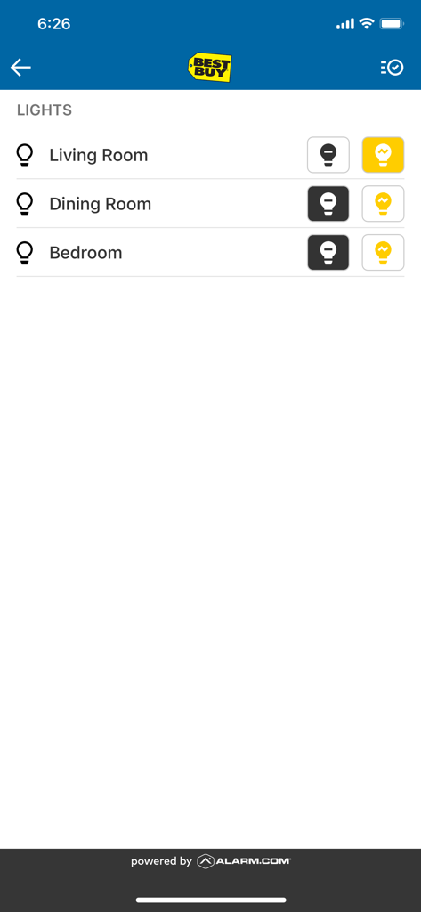 Best Buy Assured Living app interface displaying remote light management for different rooms