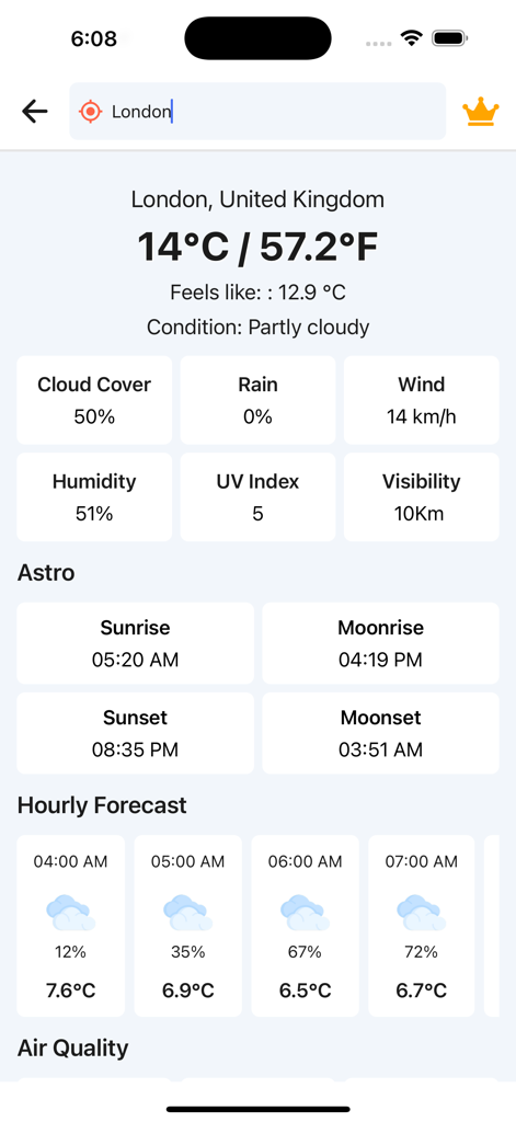 True Caller - Number Tracker - A mobile interface displaying detailed weather conditions astronomical data and hourly forecasts for London