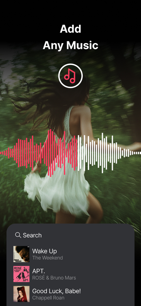 CutStory: AI Reels Editor - CutStory app screen displaying the feature to add music to videos with a waveform and song selection