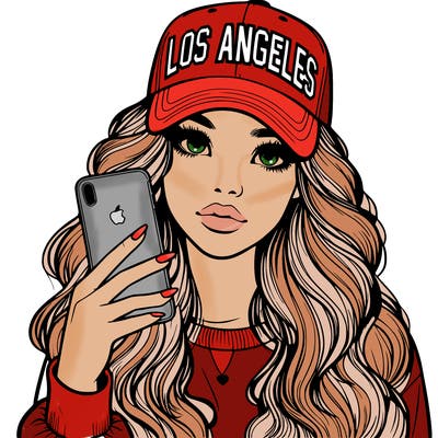 realistic beautiful girl wearing los ángeles cap holding an iphone