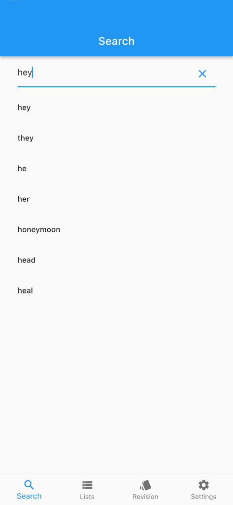 The search interface of the Auslan Dictionary app showing word suggestions for the term hey.