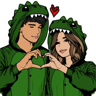 realistic couple wearing matching dinosaur onesies with heart hand gesture