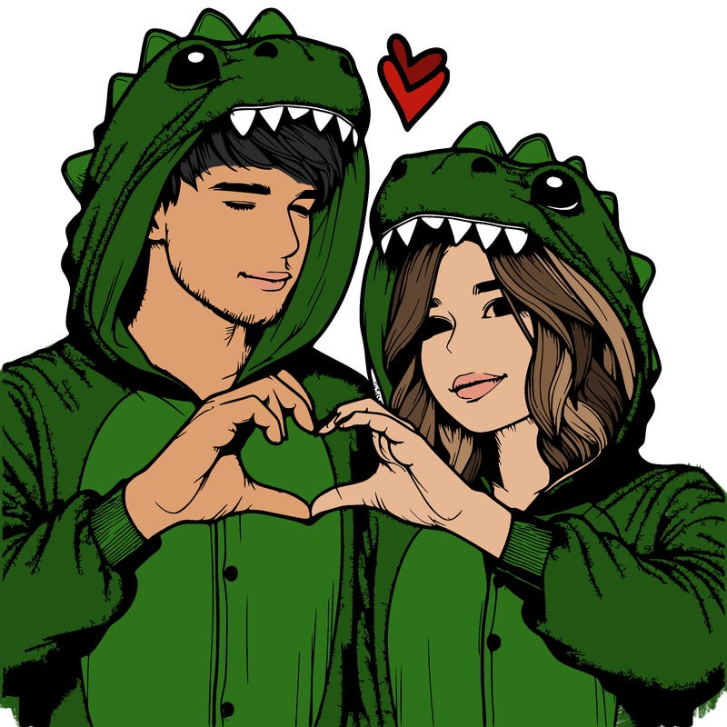 realistic couple wearing matching dinosaur onesies with heart hand gesture