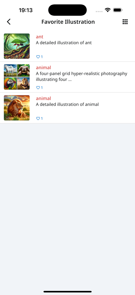 Thai Fast Dictionary - A screen in the Thai Fast Dictionary app titled Favorite Illustration displaying AI-generated images and descriptions for words like ant and animal.
