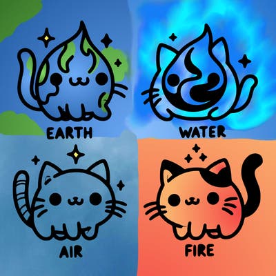 4 cats that represent the different elements, earth, water, air, and fire