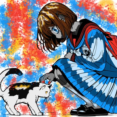 realistic anime girl bending down to pet a cat