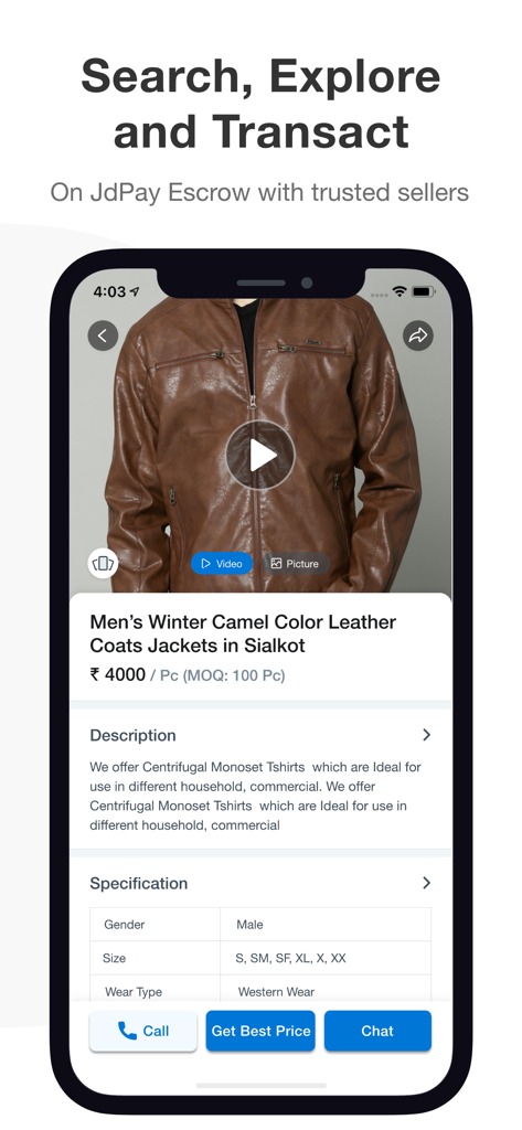 JdMart - B2B Marketplace - JdMart app product detail screen showing wholesale leather jackets with pricing minimum order quantity and options to call or chat with sellers