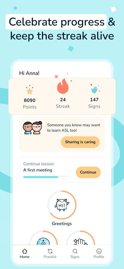 ASL Bloom app dashboard showing user points, daily streak, and number of signs learned