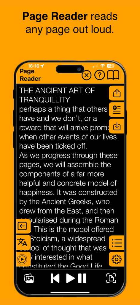 Page Reader - A smartphone screen showing the Page Reader app interface converting scanned text into audio playback.
