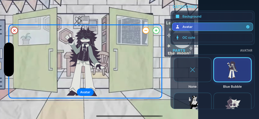 FPE OC maker - fpe game - Interface of the FPE OC Maker app showing a custom paper style character standing in front of classroom doors with editing menus