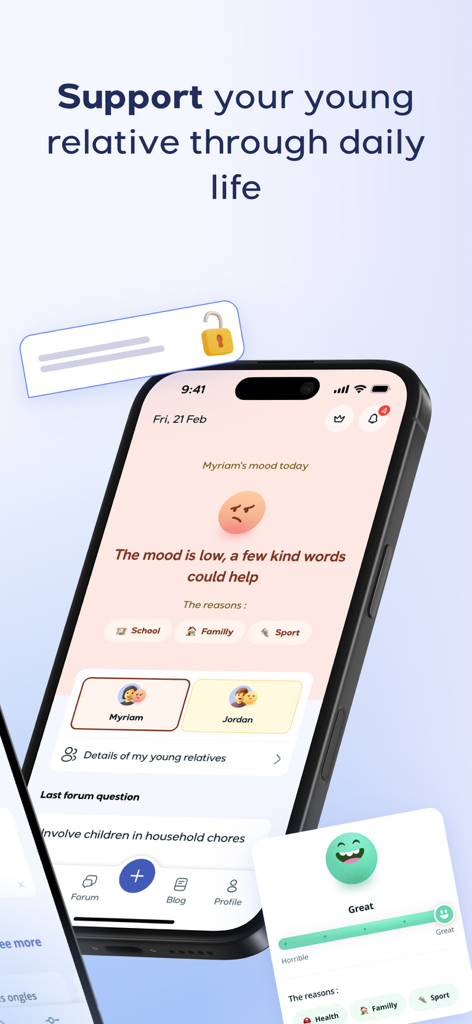 Lyynk - Oberfläche der Lyynk App, die eine Zusammenfassung der Stimmungs-Trackerung eines Kindes und vorgeschlagene Gründe zeigt, die Eltern bei der emotionalen Unterstützung helfen.