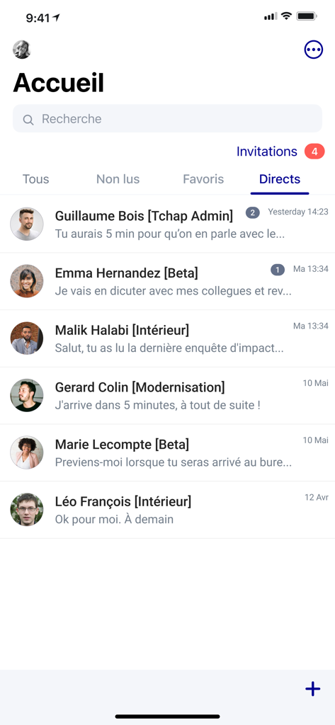 The home screen of the Tchap app showing a list of secure direct messages from professional contacts.