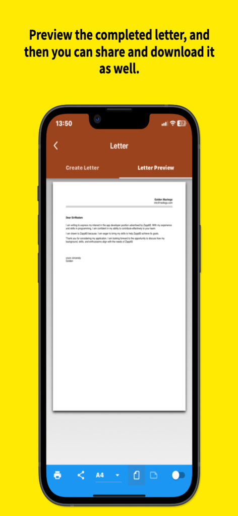 Mobile app interface showing a professional cover letter preview with options to share and download the document.