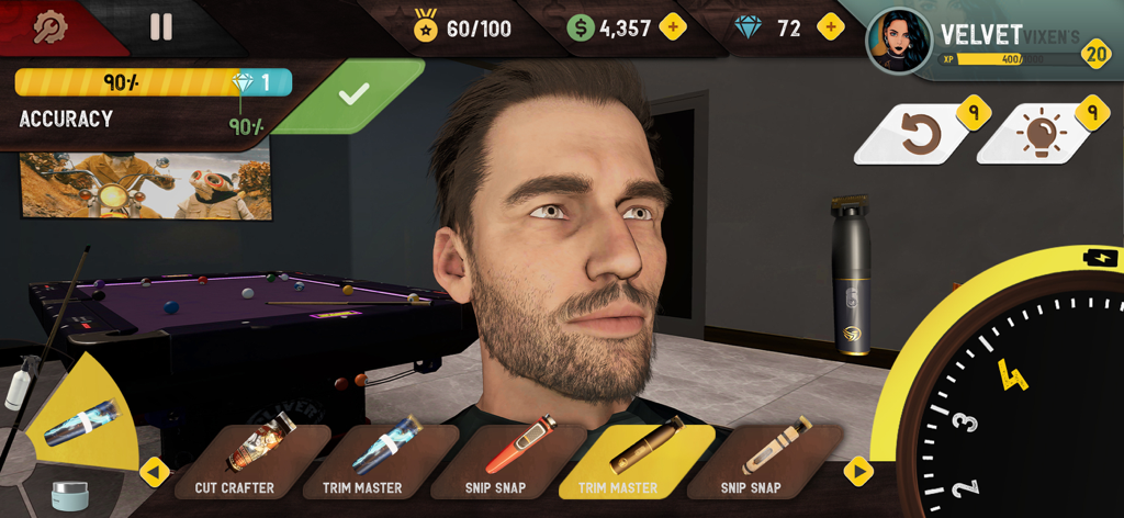 Gameplay screenshot of a barber shop simulation showing a man's face and a selection of trimming tools like trim master and snip snap.