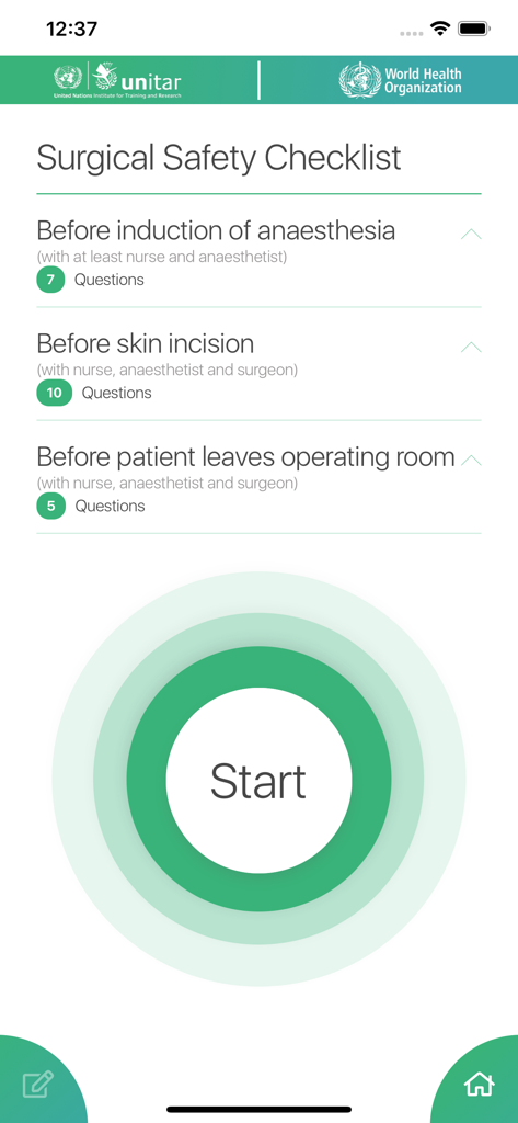 Écran d'accueil de l'application Checklist OMS de sécurité chirurgicale montrant le bouton de démarrage et les phases de sécurité clinique pour les professionnels de la santé.