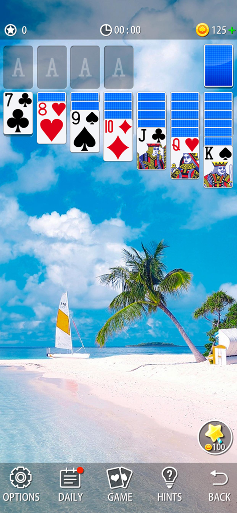 Classic Solitaire card game with a tropical beach background