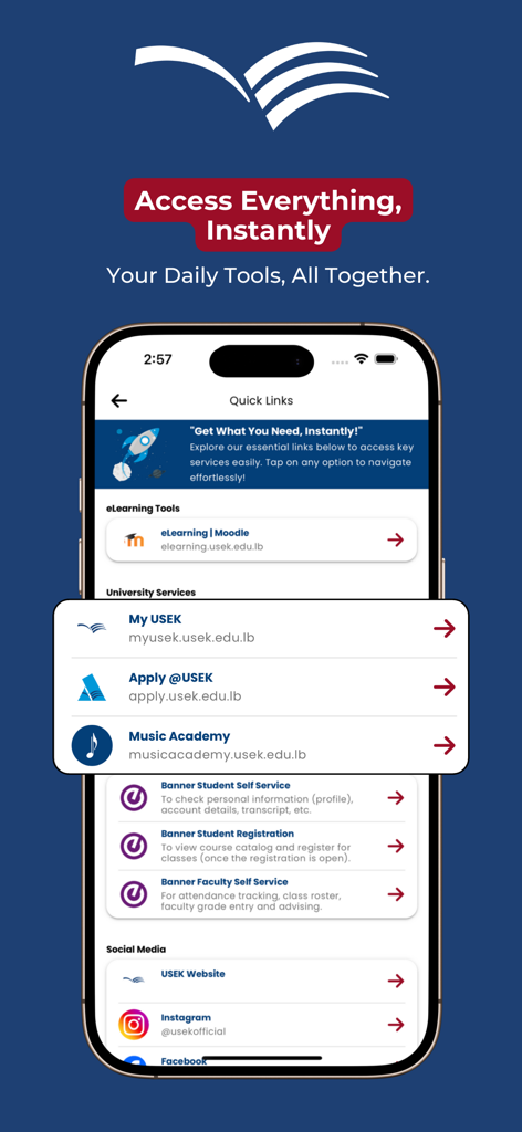 Tela de Links Rápidos do aplicativo USEK Oficial exibindo serviços universitários e ferramentas acadêmicas