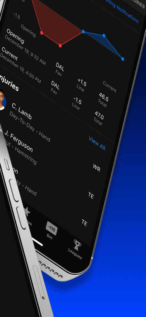 theScore: Sports News & Scores - theScore app display of sports betting lines and player injury reports