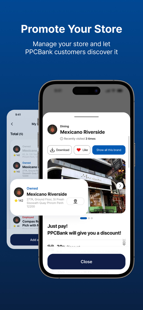 PPCBank mobile app screen showcasing the promote your store feature for local merchants and restaurant discounts