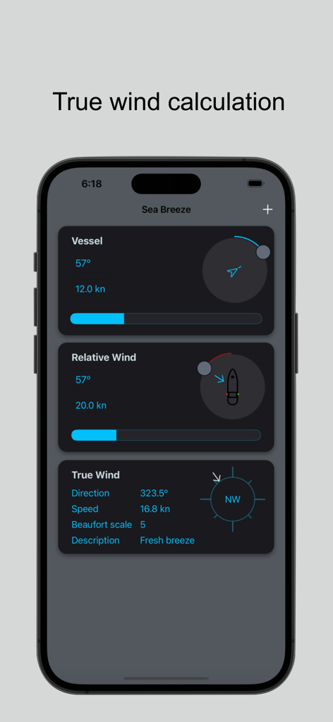 Sea Breezeアプリのインターフェイス、航海ナビゲーションのための真風速と風向の計算を表示