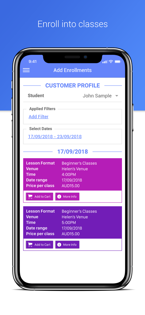 ThinkSmart Portal - The class enrollment screen of the ThinkSmart Portal app showing student details and available beginner classes to add to cart.