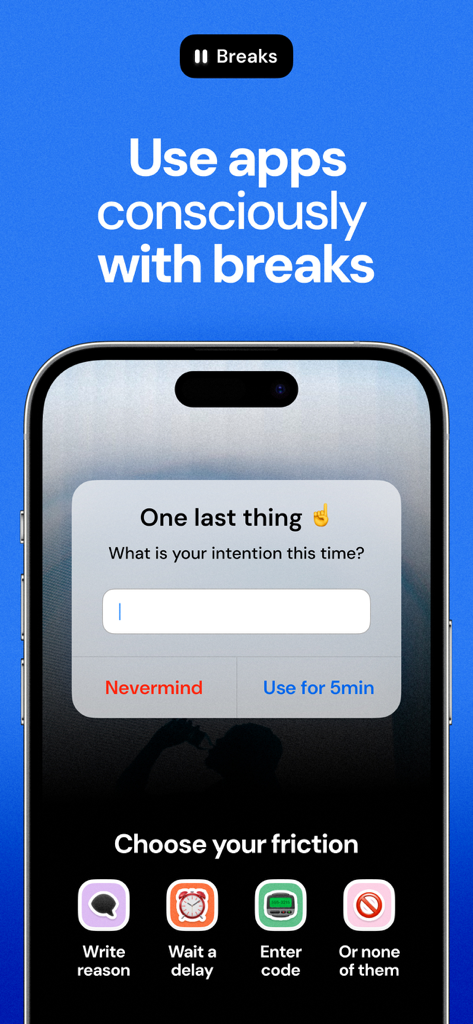 Jomo - Screen Time Blocker - Jomo app interface showing mindful break options and friction settings to encourage conscious app usage