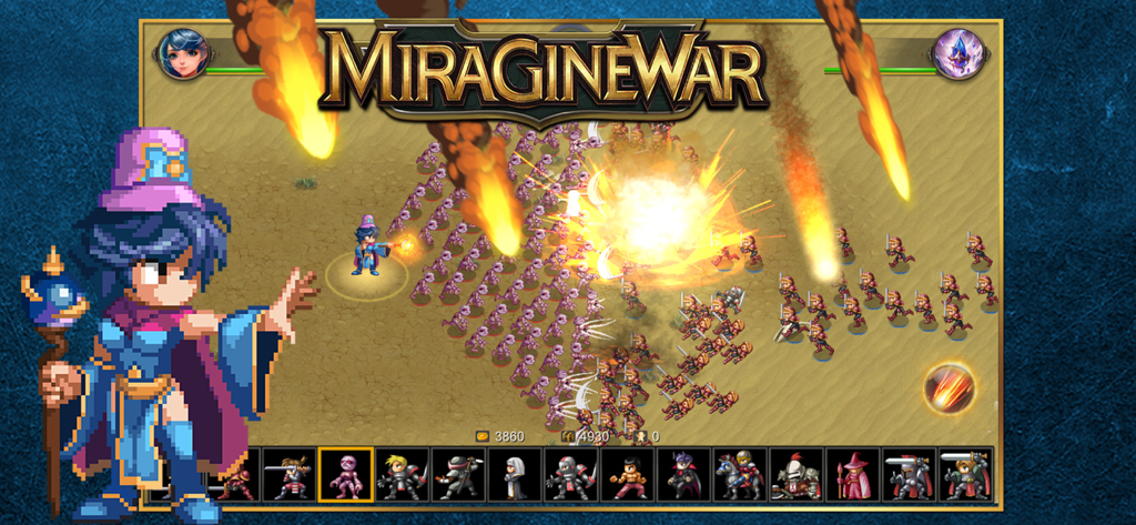 Escena de batalla pixel art de Miragine War con ejércitos chocando y meteoritos cayendo del cielo