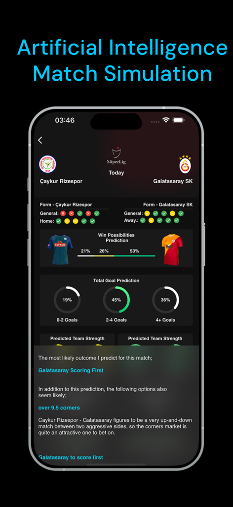 Soccer Betting Tips - goalAI - AI-driven soccer match simulation and betting predictions on the goalAI app interface