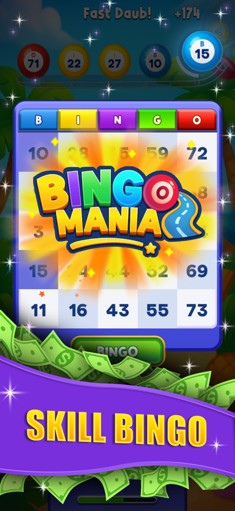 Bingo Mania: Fast & Skilled - Bingo Mania Mobile-Spielbildschirm mit einer Bingo-Karte und einem Logo für Geldprämien