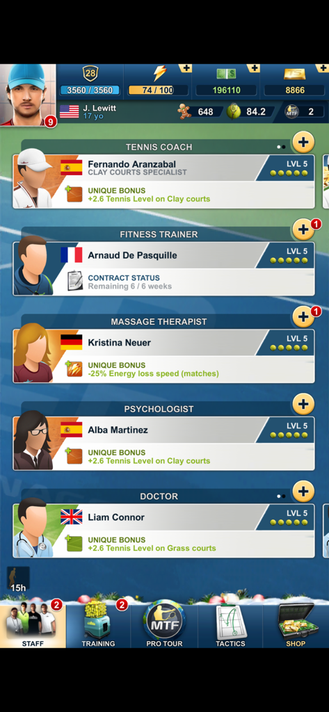 Tennis Manager 2025 - TOP SEED - Tennis Manager 2025 staff management screen showing tennis coach fitness trainer and medical team