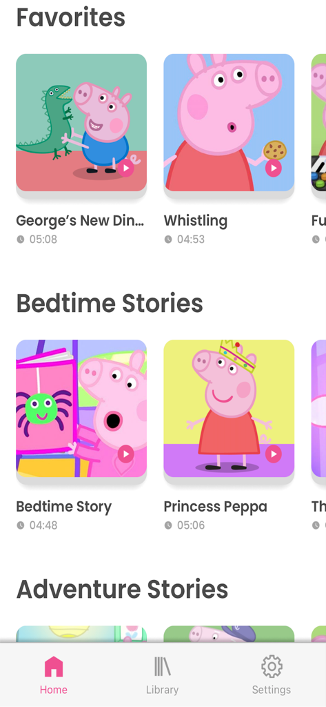 Pantalla de inicio de la aplicación Peppa Pig de PlayShifu que muestra categorías como favoritos y cuentos para dormir