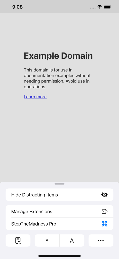 StopTheMadness Pro extension menu in Safari on iPhone showing options to hide distracting items and manage settings