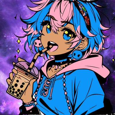 hot baddie anime girl drinking boba and biting the straw