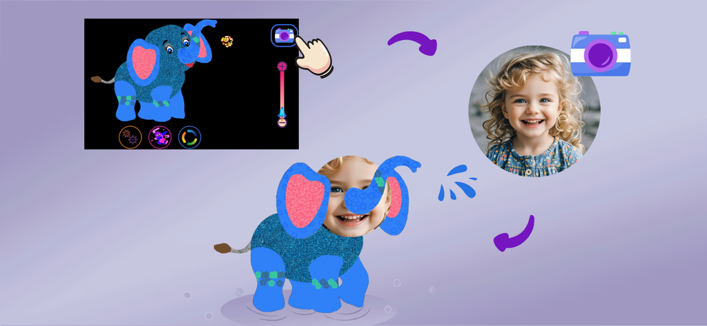 Drawing Games For Kids App - Foto de un niño utilizada como cara de un dibujo de elefante azul en una aplicación educativa